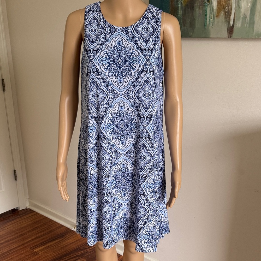 Anne Klein Navy and White Printed Sleeveless Mini Dress